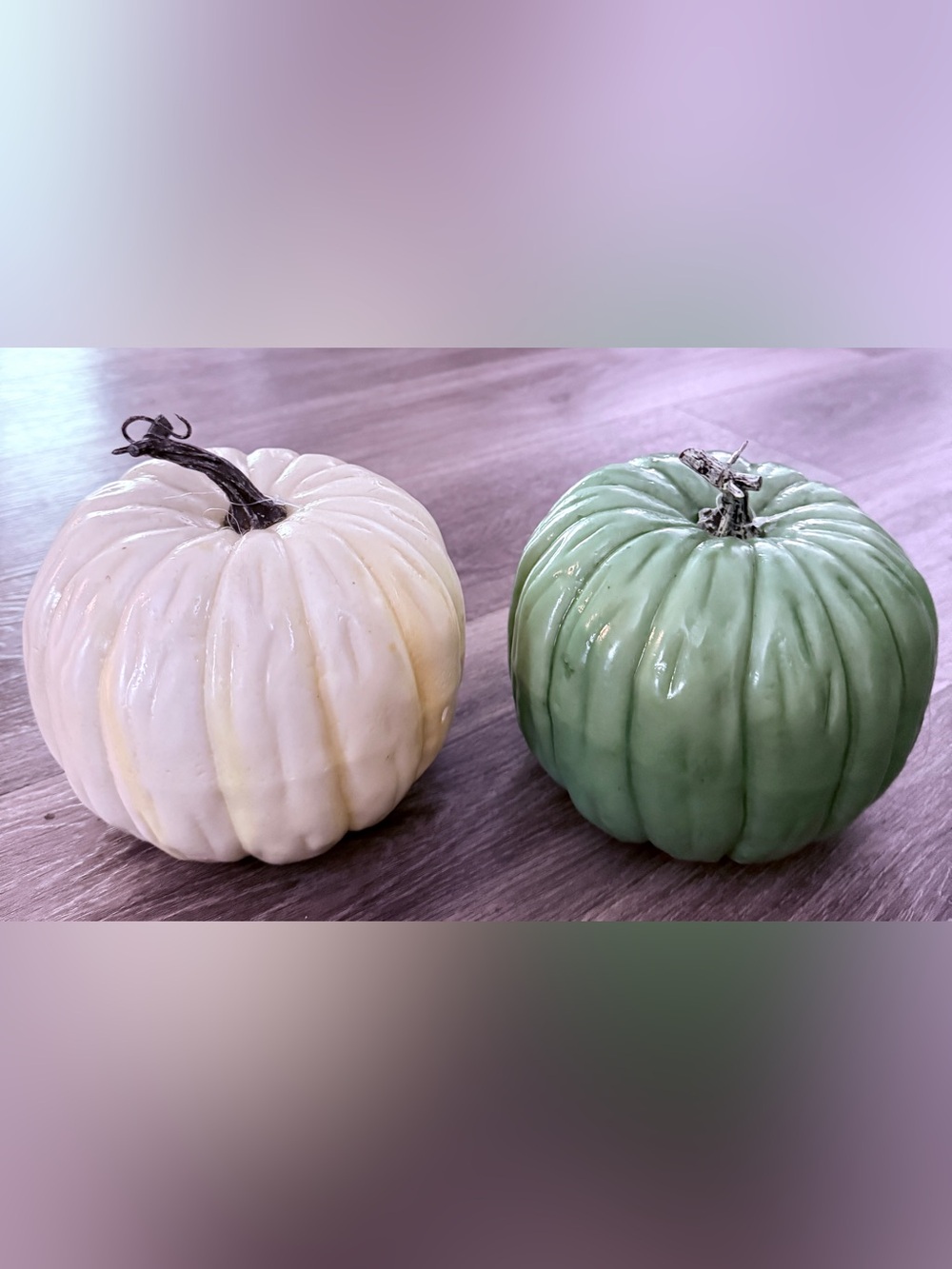 Lot of 2 Faux Plastic Rubber Pumpkins Fall Decor – Cream White & Muted Sage